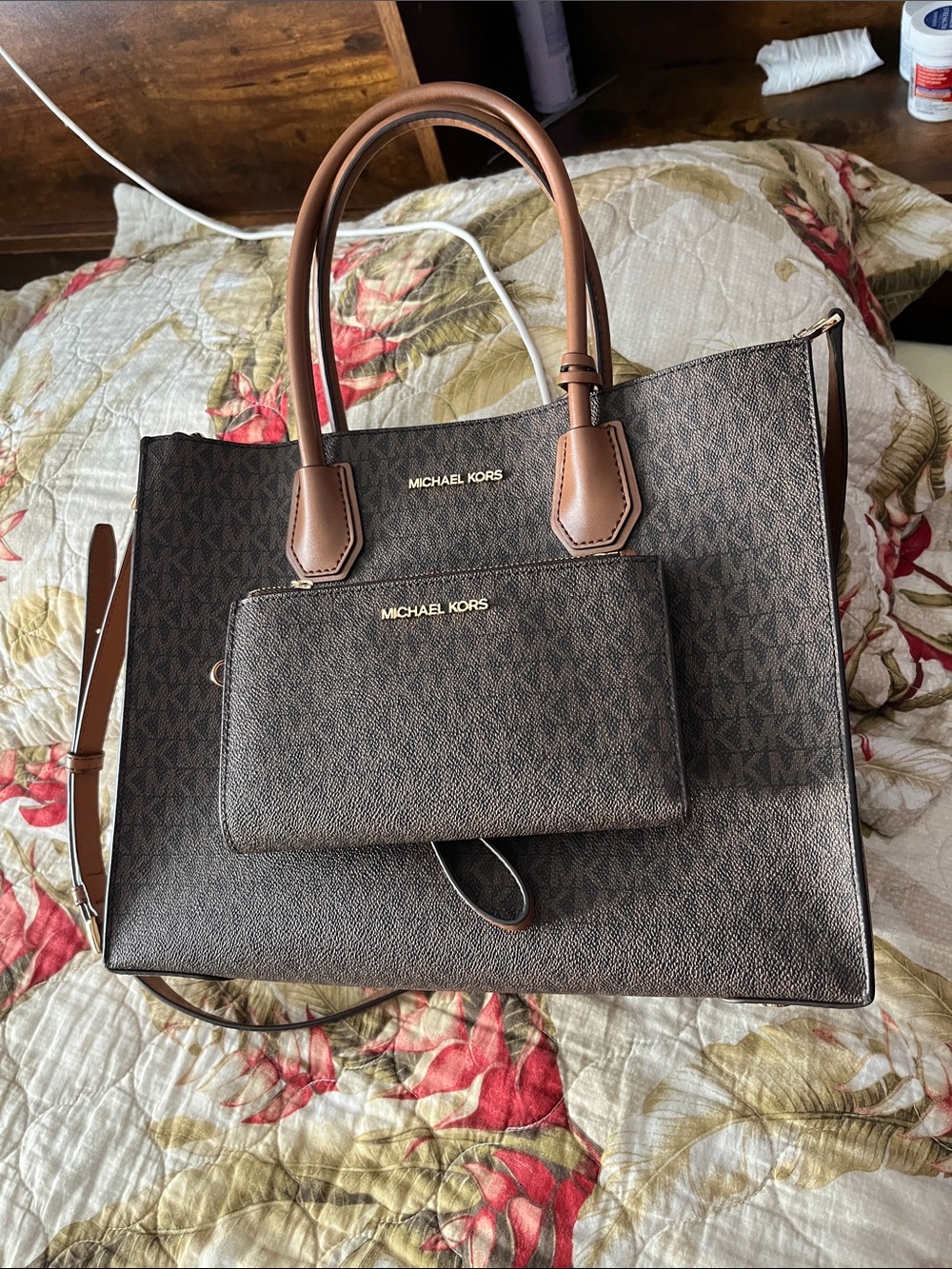 Michael Kors Dark Brown Signature Tote with Matching Wristlet